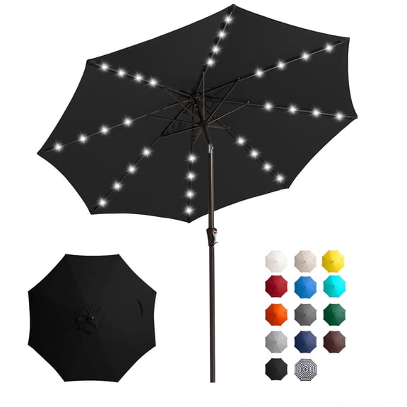 FUNDAZE 10FT Solar 32 LED Patio Umbrella w/ Tilt & Crank Lift, 8 Sturdy Ribs, UV Protection Solution-Dyed Fabric, for Garden, Backyard, Deck & Patio, Black
