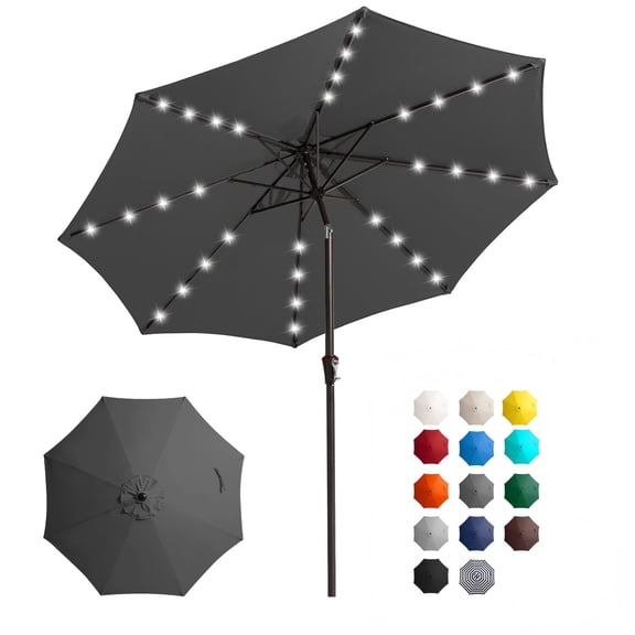 FUNDAZE 10FT Solar 32 LED Patio Umbrella w/ Tilt & Crank Lift, 8 Sturdy Ribs, UV Protection Solution-Dyed Fabric, for Garden, Backyard, Deck & Patio, Charcoal Gray