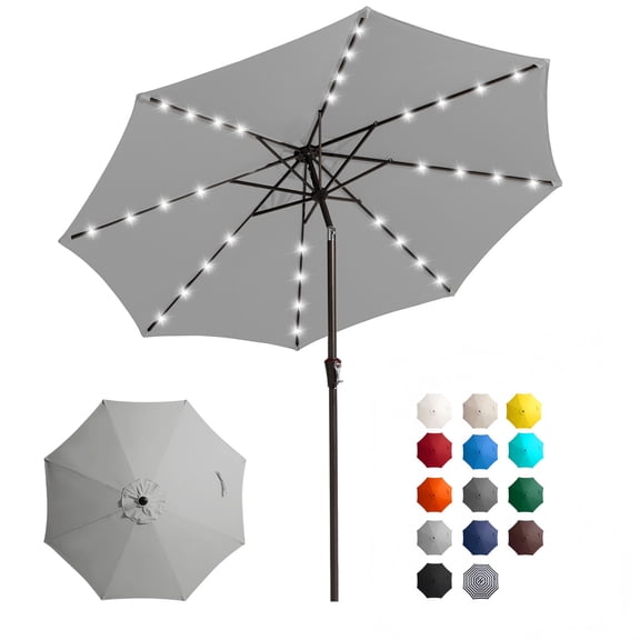 FUNDAZE 10FT Solar 32 LED Patio Umbrella w/ Tilt & Crank Lift, 8 Sturdy Ribs, UV Protection Solution-Dyed Fabric, for Garden, Backyard, Deck & Patio, Light Gray