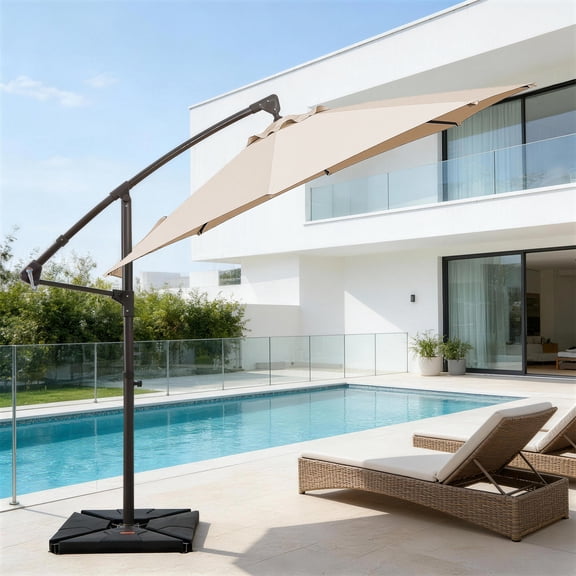 FUNDAZE 10ft 360° Rotable Hanging Offset Patio Umbrella with Tilt for Deck & Backyard, Base Sold Separately,Beige