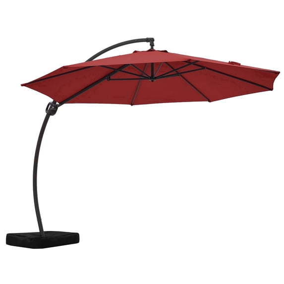 FUNDAZE 10ft Market Patio Umbrella with Base, Curved Cantilever Hanging Sun Shade with Crank & Tilt for Garden, Deck, Poolside,Red