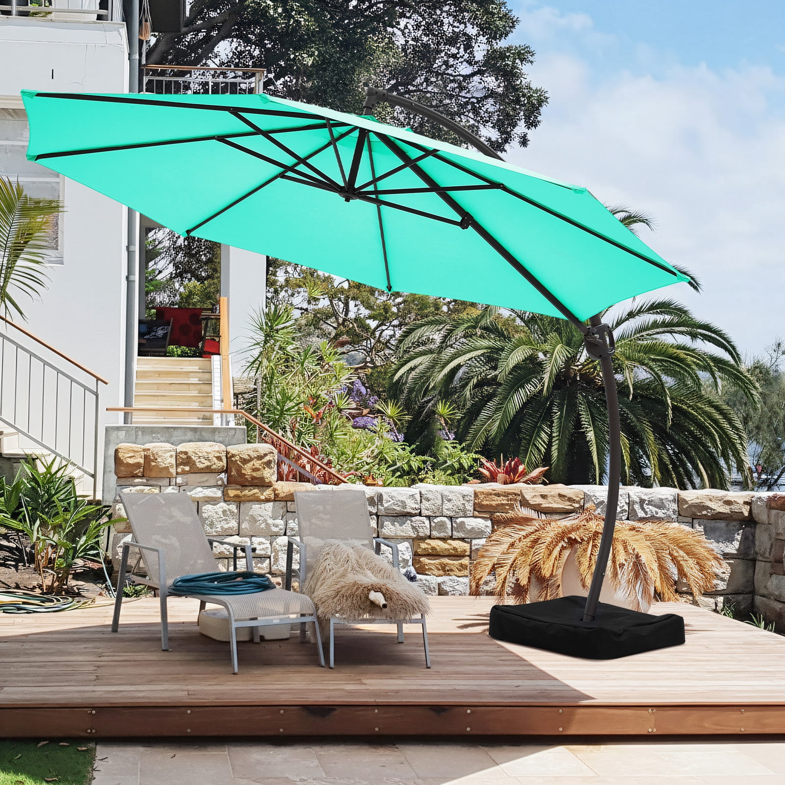 cotton canvas patio umbrella 10' Round Sunbrella Canvas Navy Blue Outdoor Patio Umbrella with Black Metal Frame