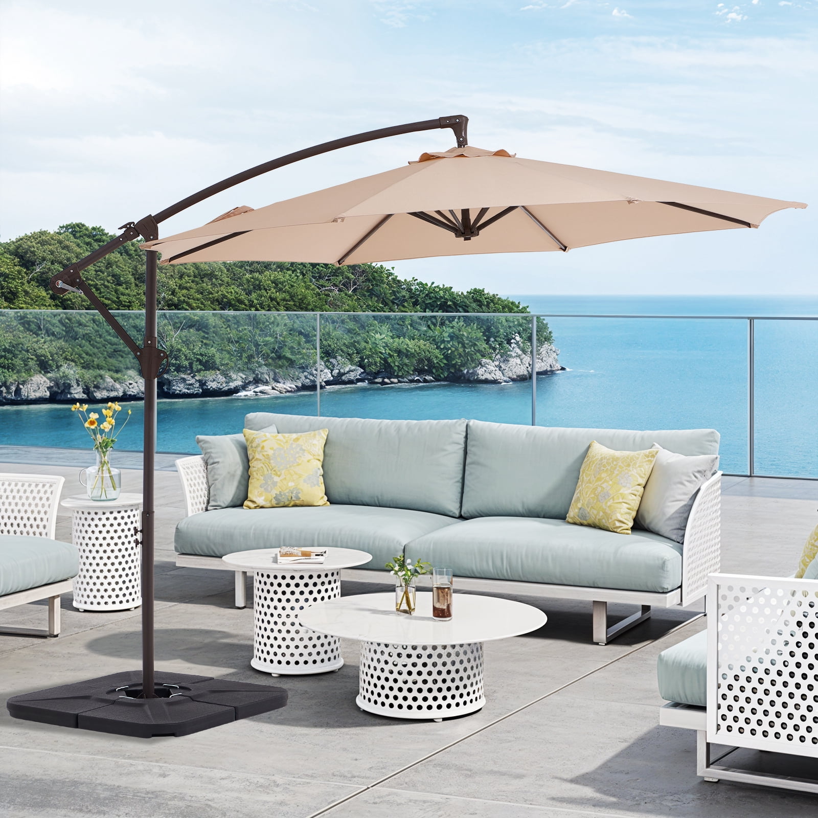 FUNDAZE 10ft Patio Umbrella, Hanging Cantilever Offset Outdoor Umbrella with Tilting for Deck Backyard, Base Sold Separately,Beige