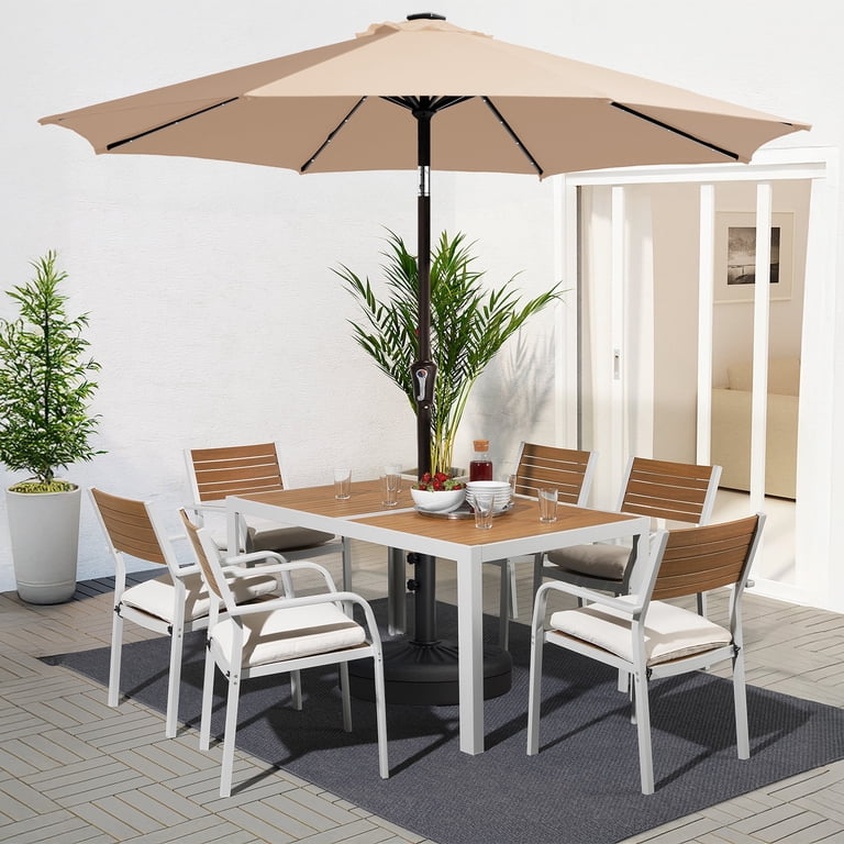 11 ft solar patio umbrella in beige FUNDAZE 11FT Solar 32 LED Patio Umbrella w/ Tilt & Crank, 8 Sturdy Ribs, UV  Protection Solution-Dyed Fabric, for Garden, Backyard, Deck & Patio,