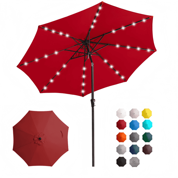 FUNDAZE 11FT Solar 32 LED Patio Umbrella w/ Tilt & Crank, 8 Sturdy Ribs, UV Protection Solution-Dyed Fabric, for Garden, Backyard, Deck & Patio, Bright Red