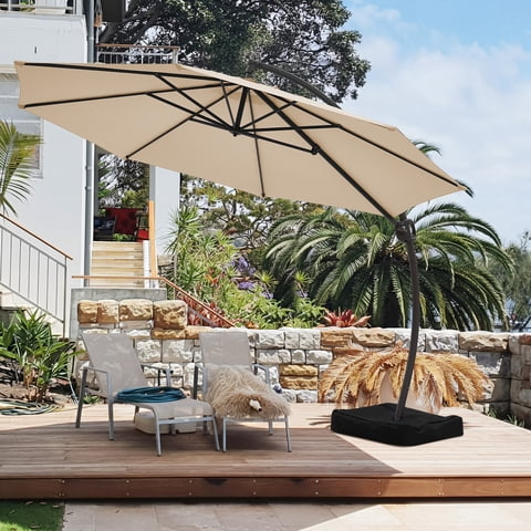 FUNDAZE 11ft Market Patio Umbrella with Base, Curved Cantilever Hanging Sun Shade with Crank & Tilt for Garden, Deck, Poolside,Beige