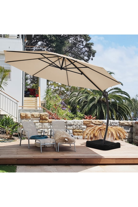 11ft Market Patio Umbrella with Base, Curved Cantilever Hanging Sun Shade with Crank & Tilt for Garden, Deck, Poolside,Beige