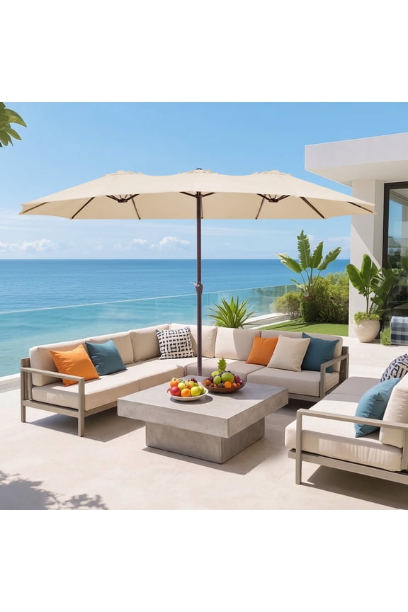 15ft Double-Sided Patio Umbrella Large Outdoor Cantilever Umbrella with Crank, Rectangular Sun Shade for Poolside Deck Garden,Beige