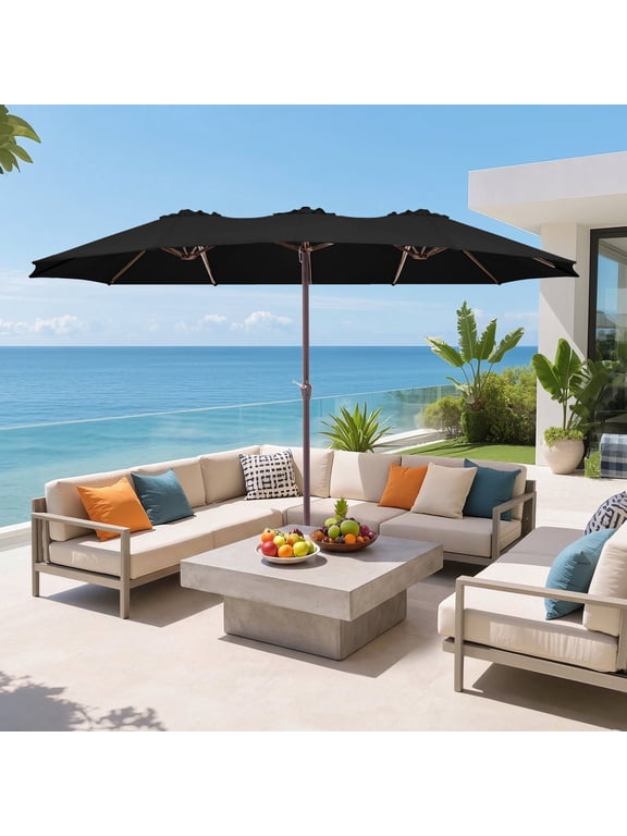 15ft Double-Sided Patio Umbrella Large Outdoor Cantilever Umbrella with Crank, Rectangular Sun Shade for Poolside Deck Garden,Black