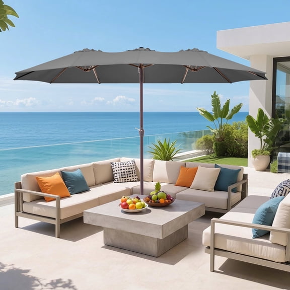 FUNDAZE 15ft Double-Sided Patio Umbrella Large Outdoor Cantilever Umbrella with Crank, Rectangular Sun Shade for Poolside Deck Garden,Gray