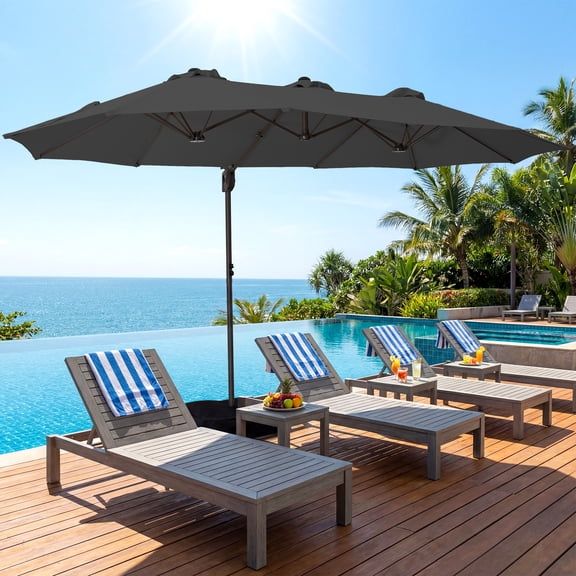 FUNDAZE 13x8ft Rectangle Market Patio Umbrella Double-Sided Cantilever Offset Outdoor Umbrella with Crank and Base Included for Backyard Pool Deck Garden,Gray