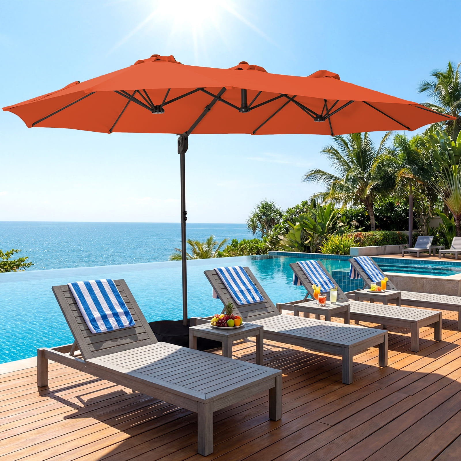 blue and orange patio umbrella FUNDAZE 15x9ft Rectangle Market Patio Umbrella Double-Sided Cantilever  Offset Outdoor Umbrella with Crank and Base Included for Backyard Pool Deck