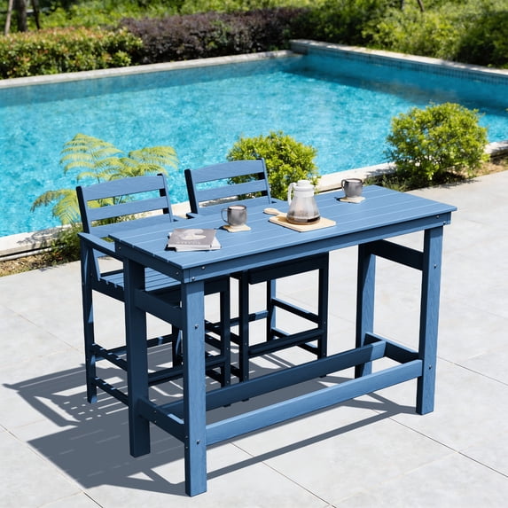 FUNDAZE 3-Piece Outdoor Bar Set - HDPE Weatherproof Ergonomic Bar Table & 2 Ergonomic Bar Height Stools for Patio, Backyard, Poolside, Navy Blue