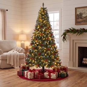 FUNDAZE 6FT Slim Pre-Lit Artificial Christmas Tree w/ 300 Warm White & Multicolor LED Lights & Pine Cones, Green Indoor Holiday Decor