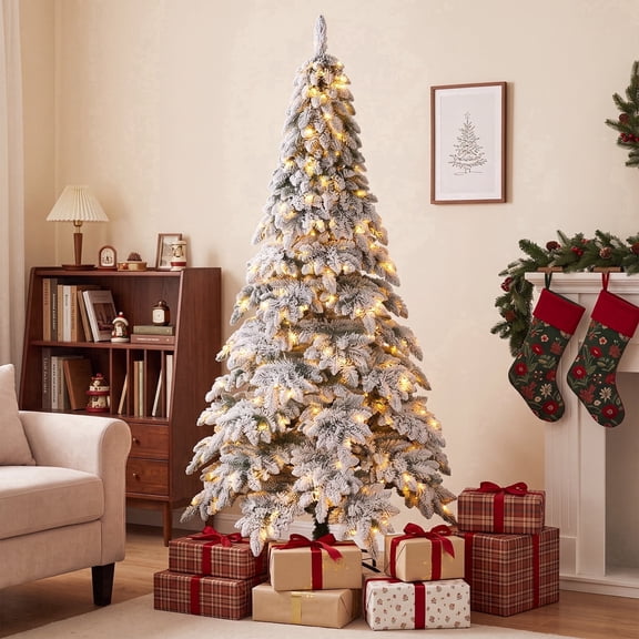 FUNDAZE 6ft Flocked Tower Christmas Tree with 300 LED Lights, Slim Pre-Lit Artificial Holiday Decor