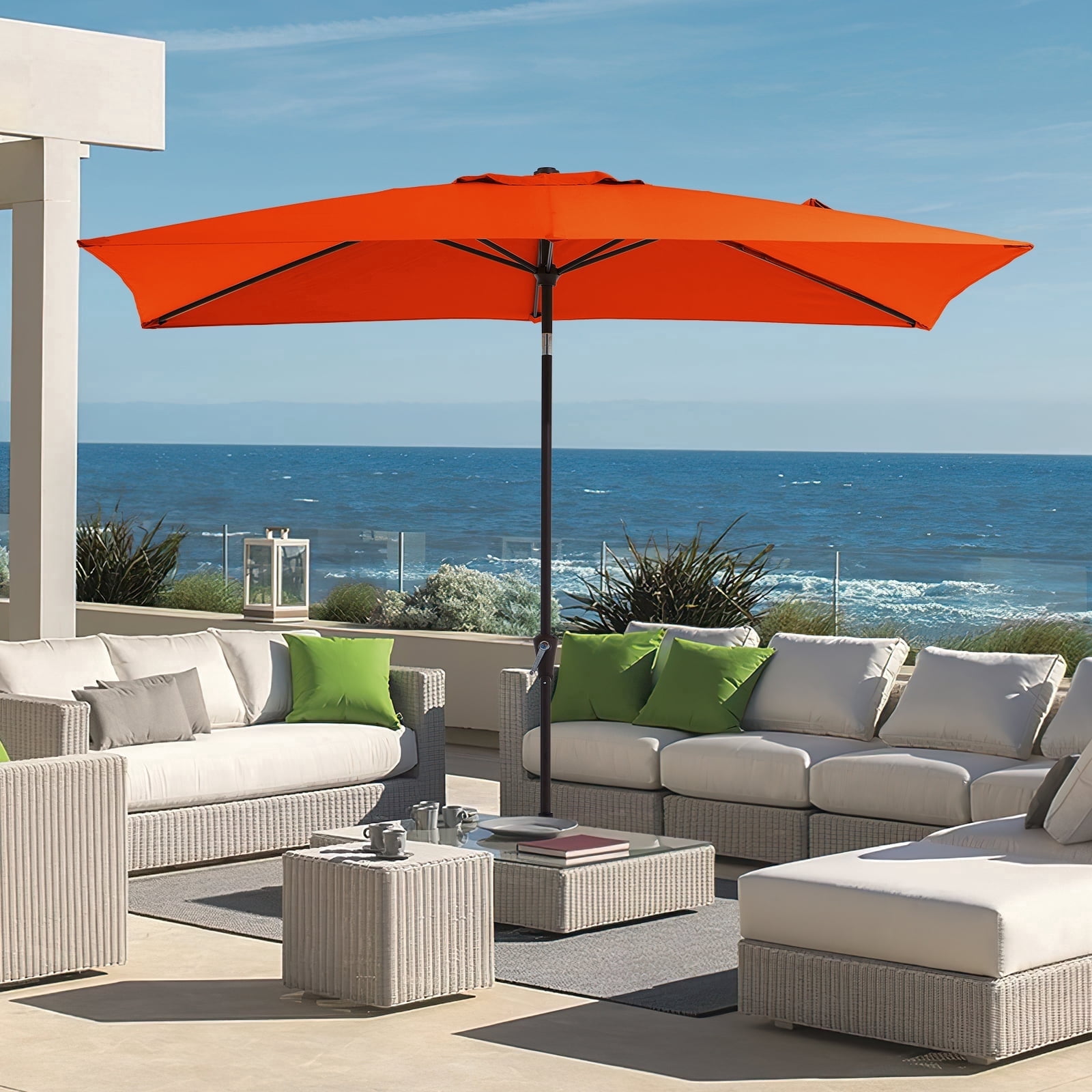 8 x 10 patio umbrella 8'x10' Auto Tilt UM8810RT0_ / Bronze / Navy Designed to provide generous shade coverage 8' x 10' RECTANGLE MARKET