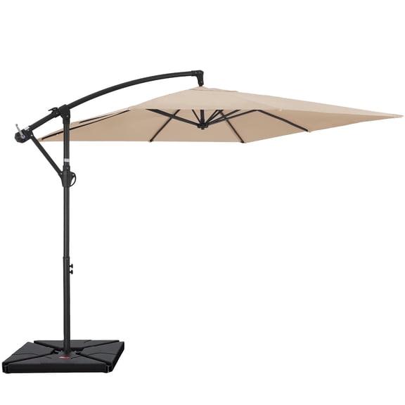 FUNDAZE 8x8ft Hanging Cantilever Patio Umbrella with Base, Square Outdoor Sun Shade with Crank & Tilt for Garden, Backyard, Deck,Beige
