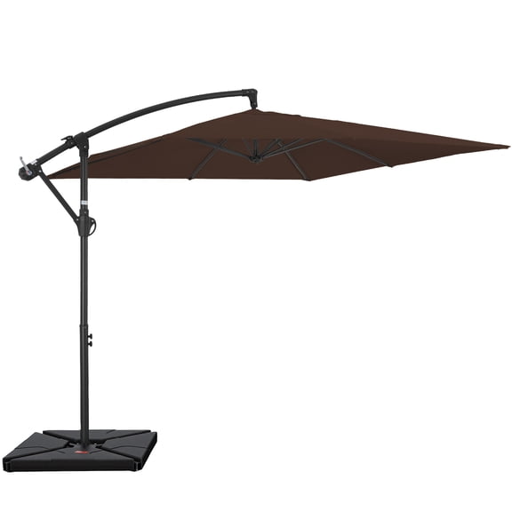 FUNDAZE 8x8ft Hanging Cantilever Patio Umbrella with Base, Square Outdoor Sun Shade with Crank & Tilt for Garden, Backyard, Deck,Brown