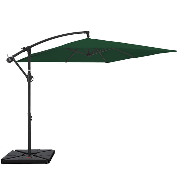 FUNDAZE 8x8ft Hanging Cantilever Patio Umbrella with Base, Square Outdoor Sun Shade with Crank & Tilt for Garden, Backyard, Deck,Green
