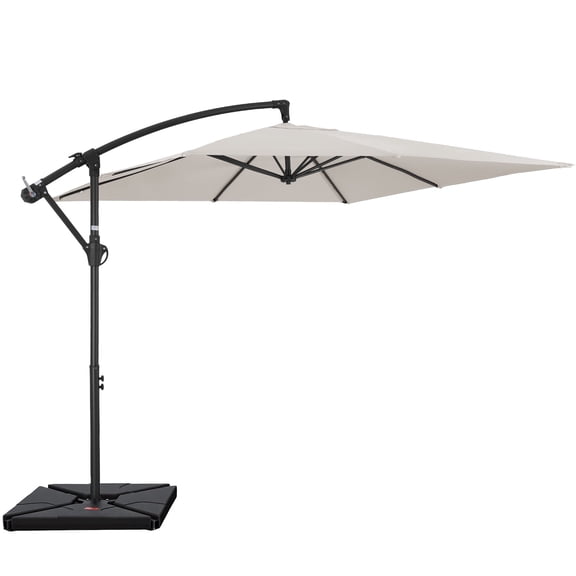 FUNDAZE 8x8ft Hanging Cantilever Patio Umbrella with Base, Square Outdoor Sun Shade with Crank for Garden, Backyard, Deck,Off-white