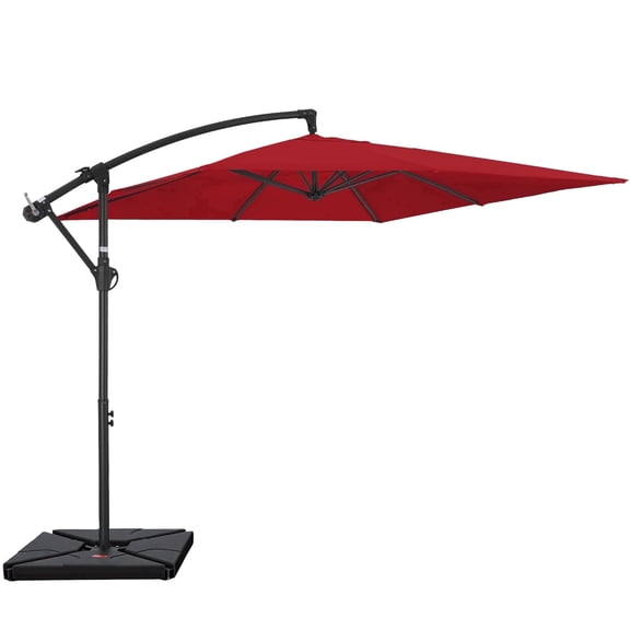 FUNDAZE 8x8ft Hanging Cantilever Patio Umbrella with Base, Square Outdoor Sun Shade with Crank & Tilt for Garden, Backyard, Deck,Red