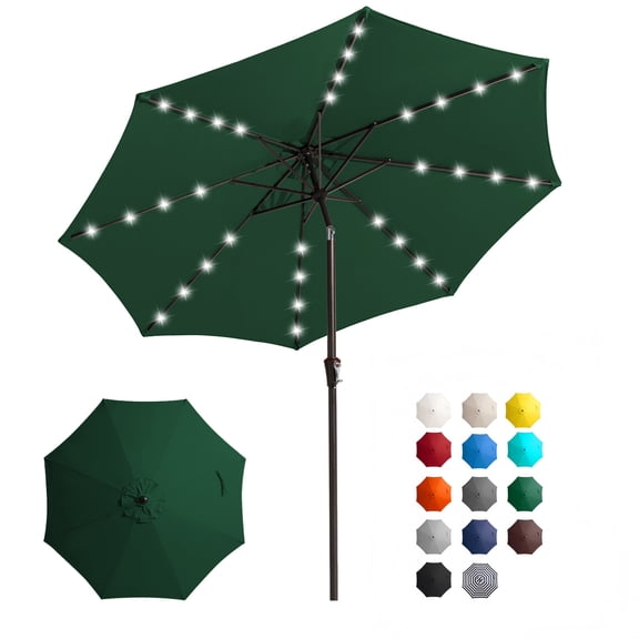 FUNDAZE 9FT Solar 32 LED Patio Umbrella w/ Tilt & Crank, 8 Sturdy Ribs, UV Protection Solution-Dyed Fabric, for Garden, Backyard, Deck & Patio, Forest Green