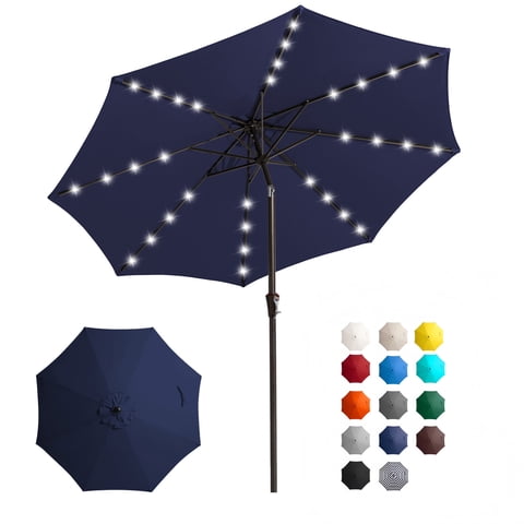 FUNDAZE 9FT Solar 32 LED Patio Umbrella w/ Tilt & Crank, 8 Sturdy Ribs, UV Protection Solution-Dyed Fabric, for Garden, Backyard, Deck & Patio, Navy Blue