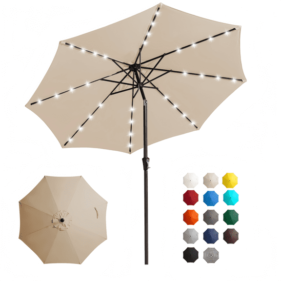FUNDAZE 9FT Solar 32 LED Patio Umbrella w/ Tilt & Crank, 8 Sturdy Ribs, UV Protection Solution-Dyed Fabric, for Garden, Backyard, Deck & Patio, Beige