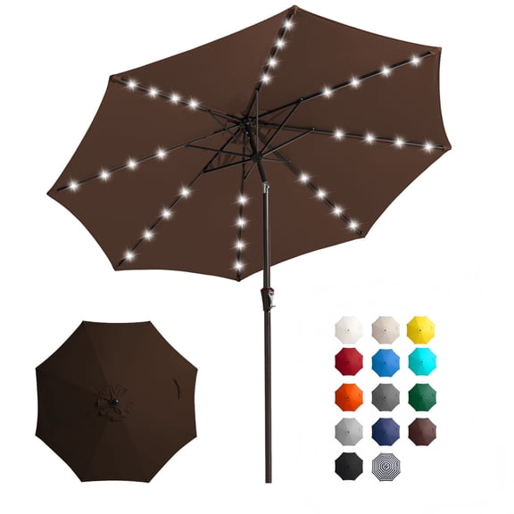 FUNDAZE 9FT Solar 32 LED Patio Umbrella w/ Tilt & Crank, 8 Sturdy Ribs, UV Protection Solution-Dyed Fabric, for Garden, Backyard, Deck & Patio, Brown