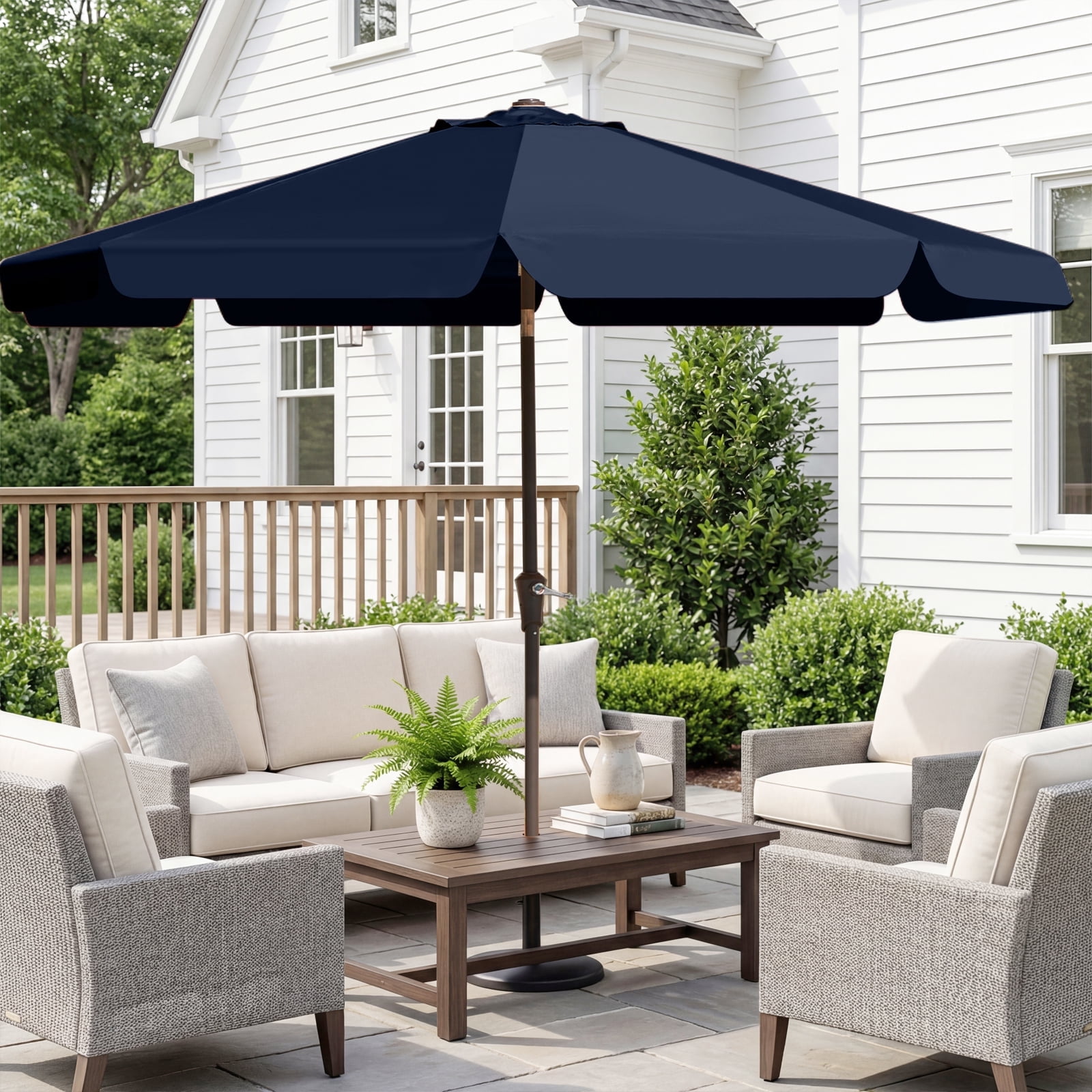 FUNDAZE 9ft Outdoor Patio Umbrella with Tilt & Crank, Heavy Duty Round Sun Umbrella for Garden, Poolside, Deck, Backyard，Navy Blue