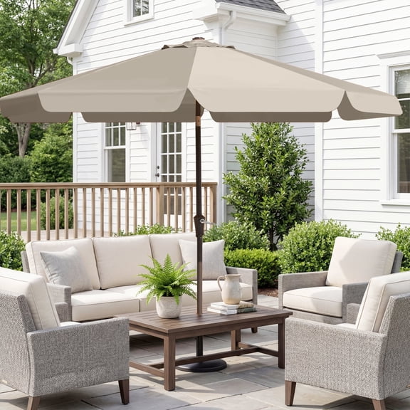 FUNDAZE 9ft Outdoor Patio Umbrella with Tilt & Crank, Heavy Duty Round Sun Umbrella for Garden, Poolside, Deck, Backyard，Beige