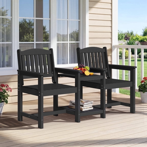 FUNDAZE All-Weather HDPE Double Patio Chair with 2-Tier Table & Umbrella Hole, Outdoor Conversation Set for Garden, Poolside, Balcony, Black