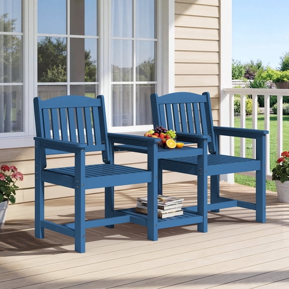FUNDAZE All-Weather HDPE Double Patio Chair with 2-Tier Table & Umbrella Hole, Outdoor Conversation Set for Garden, Poolside, Balcony, Navy Blue