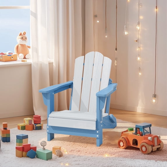 FUNDAZE HDPE Adirondack Outdoor Chair, Foldable & Weather-Resistant Patio Chair for Garden Lawn Deck,Blue and White
