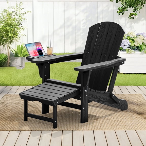 FUNDAZE HDPE Folding Adjustable Adirondack Chair with Retractable Ottoman, Outdoor Weather-Resistant Chair with 4-in-1 Cup Holder, Black