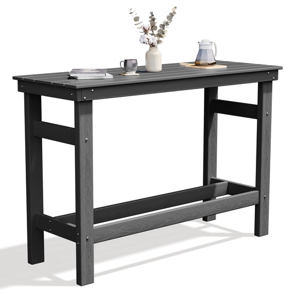 FUNDAZE HDPE Outdoor Bar Height Table, Oversized Rectangle Patio Table with Umbrella Hole & Footrest, Weather Resistant Tall Side Table for Garden, Poolside, Balcony, Gray