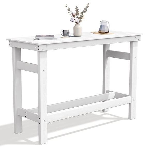 FUNDAZE HDPE Outdoor Bar Height Table, Oversized Rectangle Patio Table with Umbrella Hole & Footrest, Weather Resistant Tall Side Table for Garden, Poolside, Balcony, White