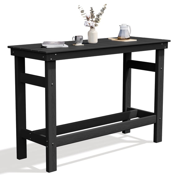 FUNDAZE HDPE Outdoor Bar Height Table, Oversized Rectangle Patio Table with Umbrella Hole & Footrest, Weather Resistant Tall Side Table for Garden, Poolside, Balcony, Black