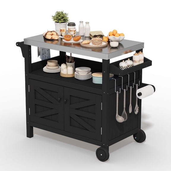 FUNDAZE HDPE Outdoor Grill Cart with Storage, Kitchen Island on Wheels, BBQ Prep Table with Stainless Steel Top, Movable Serving Counter for Garden, Poolside, Backyard, Black