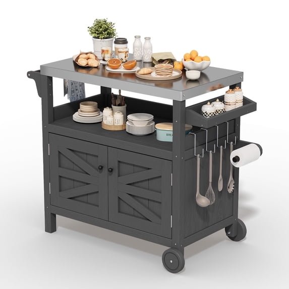FUNDAZE HDPE Outdoor Grill Cart with Storage, Kitchen Island on Wheels, BBQ Prep Table with Stainless Steel Top, Movable Serving Counter for Garden, Poolside, Backyard, Gray