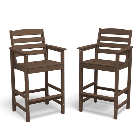 FUNDAZE Outdoor Bar Height Chair Set of 2, HDPE Weather Resistant Patio Stools with Wide Seat, Ergonomic Back, Armrest & Footrest, Tall Bar Chair for Garden, Poolside, Balcony, Brown