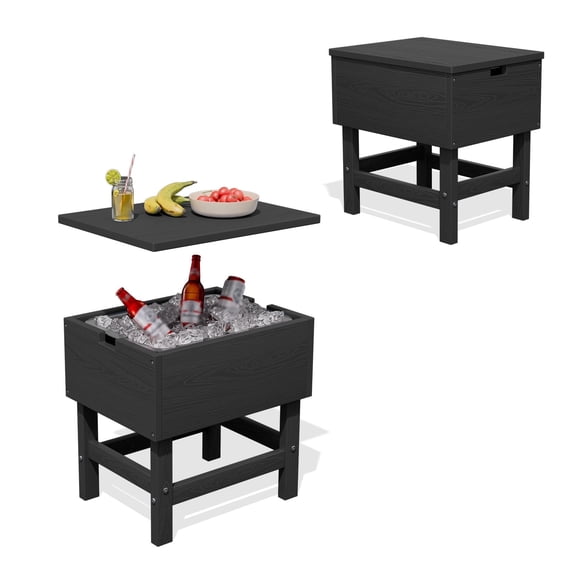 FUNDAZE Outdoor Cooler Table, Outdoor Side Table with 3 Gallon Ice Bucket,Detchable Top Lid, Patio Bar Table for Poolside, Party, Camping, Picnic, Black