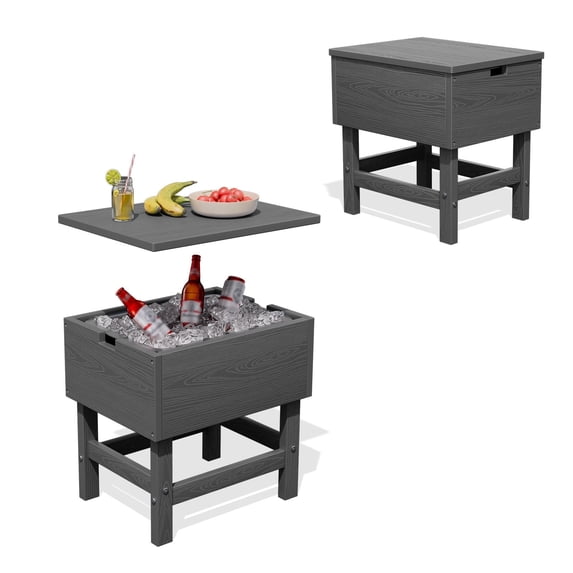 FUNDAZE Outdoor Cooler Table, Outdoor Side Table with 3 Gallon Ice Bucket,Detchable Top Lid, Patio Bar Table for Poolside, Party, Camping, Picnic, Gray