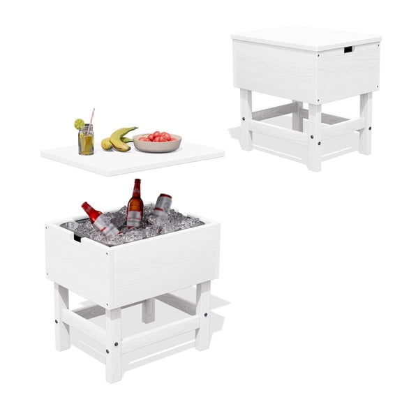 FUNDAZE Outdoor Cooler Table, Outdoor Side Table with 3 Gallon Ice Bucket,Detchable Top Lid, Patio Bar Table for Poolside, Party, Camping, Picnic, White