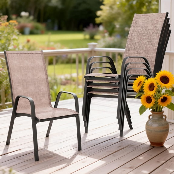 FUNDAZE Outdoor Dining Chairs Set of 2, Patio Dining Chair Stackable Armrest Patio Chairs Space Saving for Garden Backyard Deck, Brown