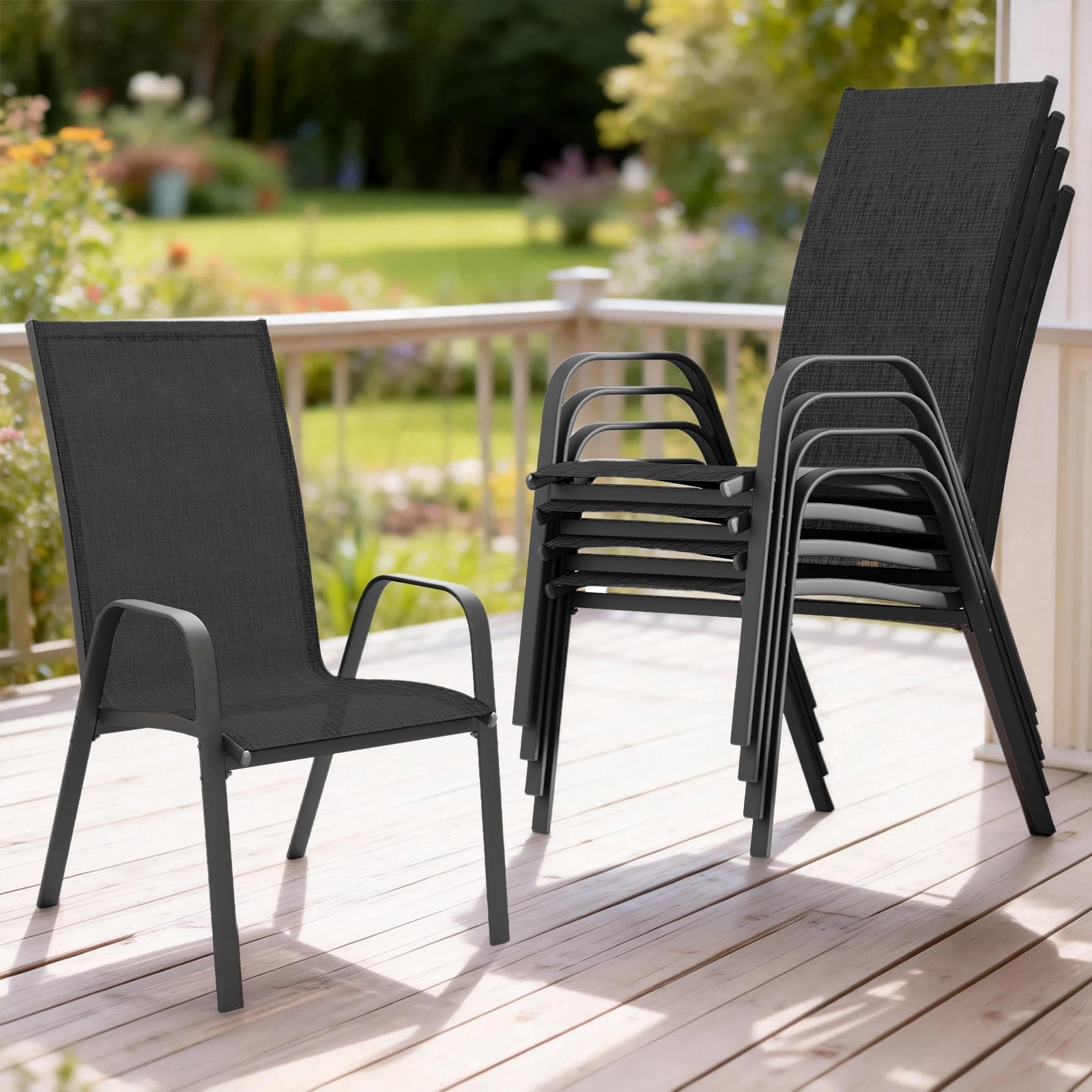 FUNDAZE Outdoor Dining Chairs Set of 4, Patio Dining Chair Stackable Armrest Patio Chairs Space Saving for Garden Backyard Deck, Black