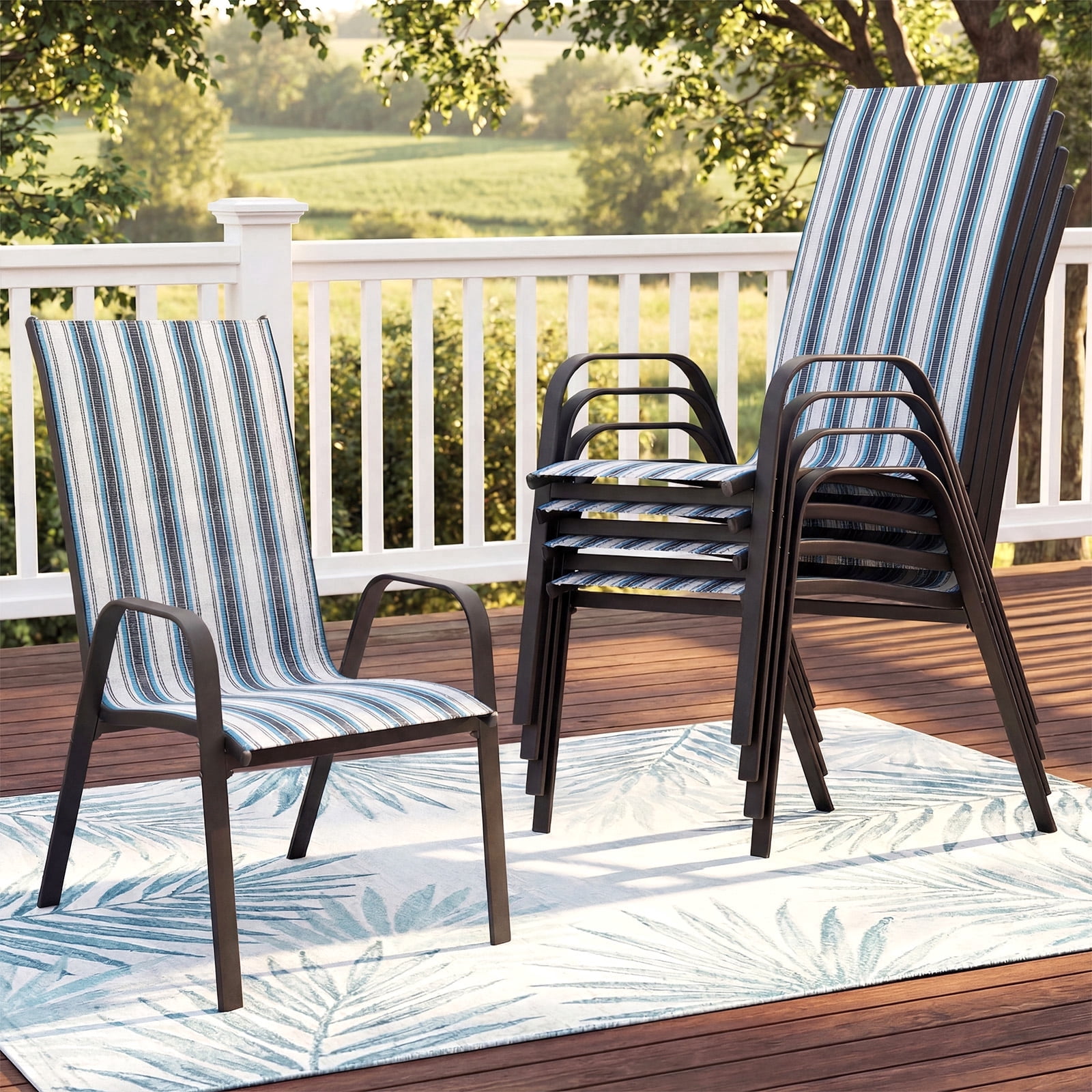 FUNDAZE Outdoor Dining Chairs Set of 4, Patio Dining Chair Stackable Armrest Patio Chairs Space Saving for Garden Backyard Deck, Blue Stripe