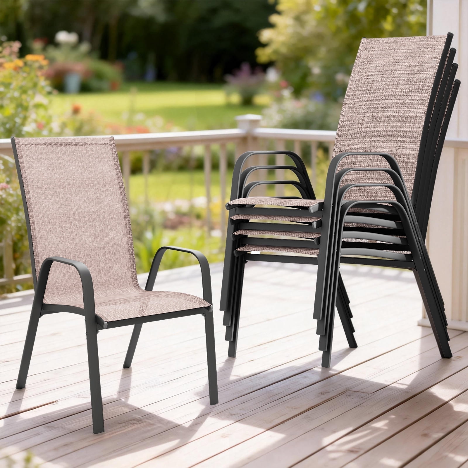 FUNDAZE Outdoor Dining Chairs Set of 4, Patio Dining Chair Stackable Armrest Patio Chairs Space Saving for Garden Backyard Deck, Brown