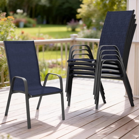 FUNDAZE Outdoor Dining Chairs Set of 4, Patio Dining Chair Stackable Armrest Patio Chairs Space Saving for Garden Backyard Deck, Navy Blue