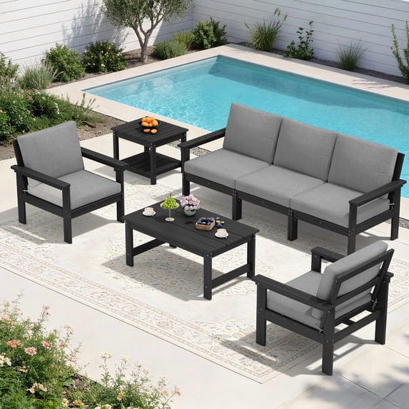 FUNDAZE Oversize 5 Pieces Patio Furniture Sets, Waterproof HDPE Frame Outdoor Conversation Sets Perfect for Patio, Poolside & Backyard, Black Frame with Gray Cushion